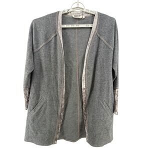 Soft Surroundings Gray Velvet Trim Open Front Cardigan Sweater XL
